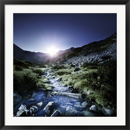 Framed Small stream in the mountains at sunset, Pirin National Park, Bulgaria Print