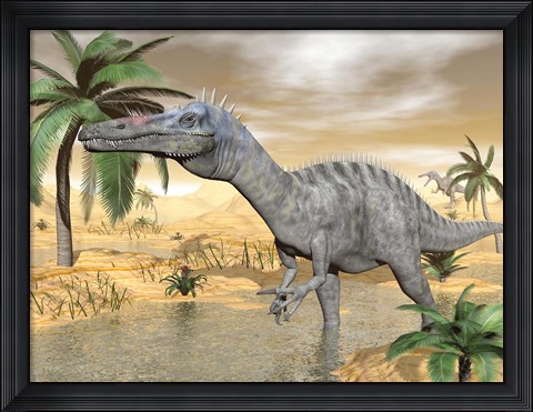 Framed Suchomimus dinosaur walking in the water in desert landscape Print
