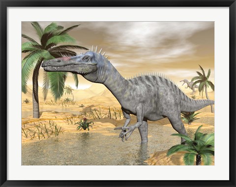 Framed Suchomimus dinosaur walking in the water in desert landscape Print
