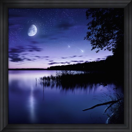 Framed Tranquil lake against starry sky, moon and falling meteorites, Russia Print