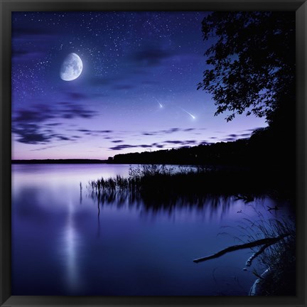 Framed Tranquil lake against starry sky, moon and falling meteorites, Russia Print