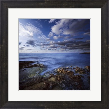 Framed Tranquil lake and rocky shore against cloudy sky, Crete, Greece Print