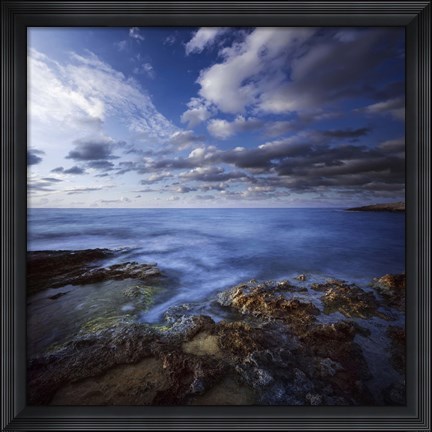 Framed Tranquil lake and rocky shore against cloudy sky, Crete, Greece Print