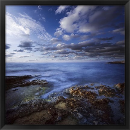 Framed Tranquil lake and rocky shore against cloudy sky, Crete, Greece Print