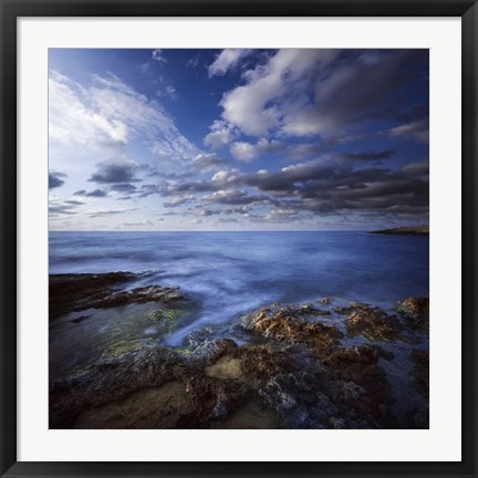 Framed Tranquil lake and rocky shore against cloudy sky, Crete, Greece Print