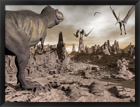 Framed Tyrannosaurus Rex dinosaur and Pteranodons on a rocky desert landscape Print