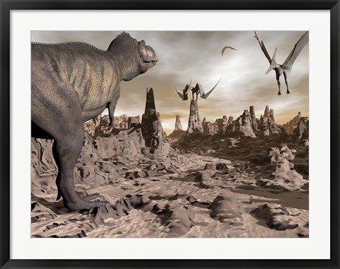 Framed Tyrannosaurus Rex dinosaur and Pteranodons on a rocky desert landscape Print