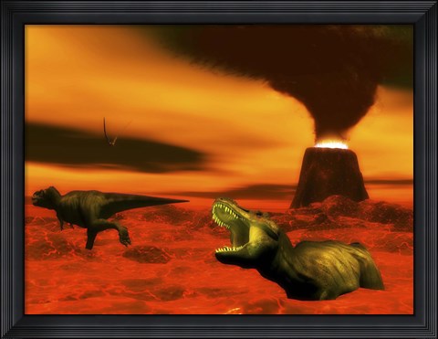 Framed Tyrannosaurus Rex dinosaurs struggle to survive from a volcanic eruption Print
