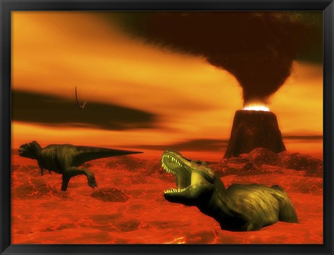 Framed Tyrannosaurus Rex dinosaurs struggle to survive from a volcanic eruption Print