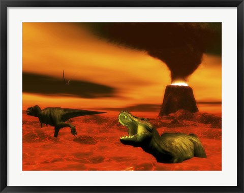 Framed Tyrannosaurus Rex dinosaurs struggle to survive from a volcanic eruption Print