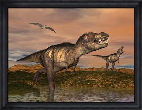 Framed Tyrannosaurus Rex dinosaurs with pteranodon bird flying above Print