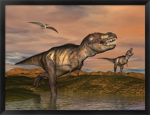 Framed Tyrannosaurus Rex dinosaurs with pteranodon bird flying above Print