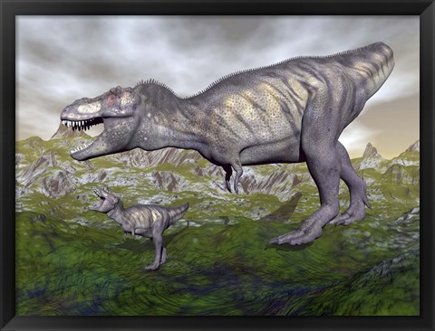 Framed Tyrannosaurus rex mother and offspring Print