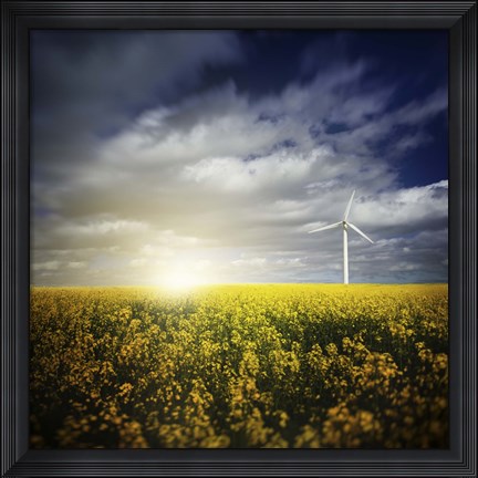 Framed Wind turbine in a canola field against cloudy sky at sunset, Denmark Print