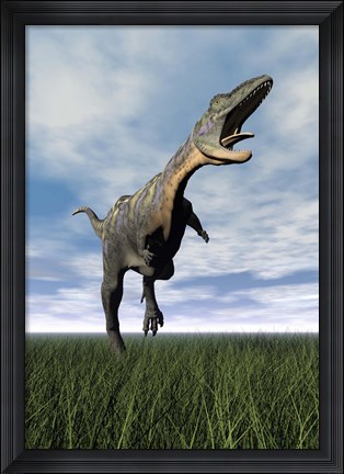 Framed Aucasaurus dinosaur running on the green grass with mouth open Print