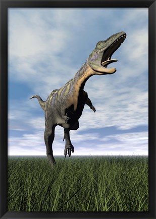 Framed Aucasaurus dinosaur running on the green grass with mouth open Print