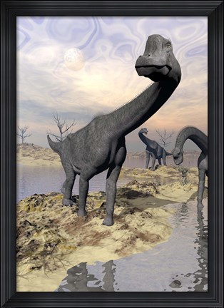 Framed Brachiosaurus dinosaurs near water with reflection by sunset and full moon Print
