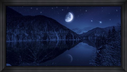 Framed Moon rising over tranquil lake in the misty mountains against starry sky Print