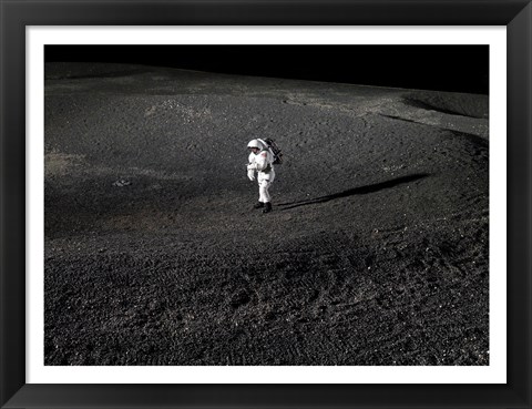 Framed Space Suit engineer simulates work inside a crater in Johnson Space Center&#39;s Lunar Yard Print