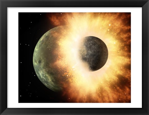 Framed Concept  of our moon slamming at great speed into a body the size of Mercury Print
