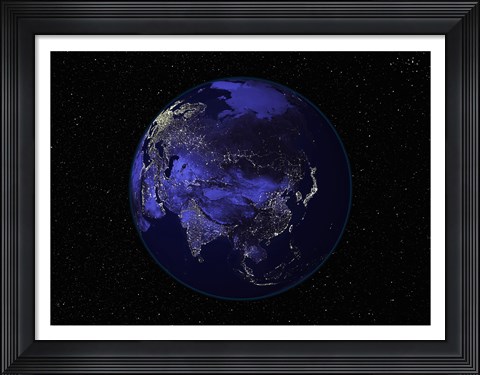 Framed Satellite view of Earth showing city lights at night Print