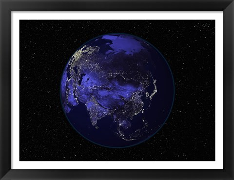 Framed Satellite view of Earth showing city lights at night Print