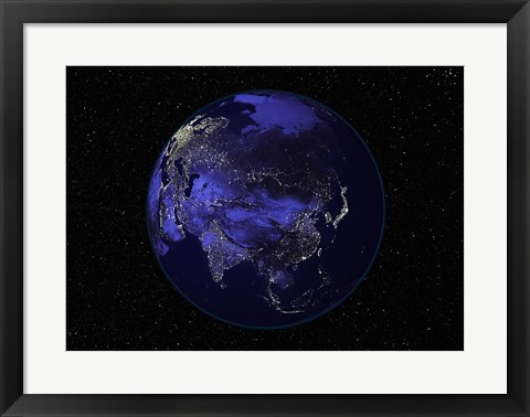 Framed Satellite view of Earth showing city lights at night Print