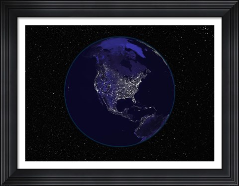 Framed Satellite view of the Earth showing city lights at night Print
