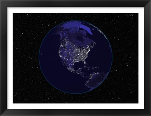 Framed Satellite view of the Earth showing city lights at night Print