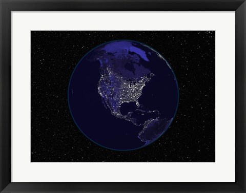 Framed Satellite view of the Earth showing city lights at night Print