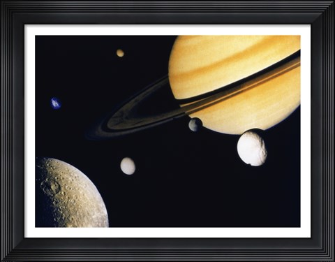 Framed Saturn and its Satellites.  Clockwise from right: Tethys, Mimas, Encleladus, Dione, Rhea &amp; Titan Print