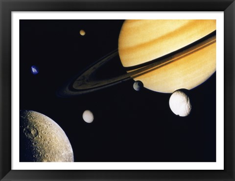Framed Saturn and its Satellites.  Clockwise from right: Tethys, Mimas, Encleladus, Dione, Rhea &amp; Titan Print