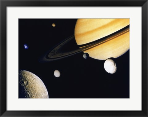 Framed Saturn and its Satellites.  Clockwise from right: Tethys, Mimas, Encleladus, Dione, Rhea &amp; Titan Print