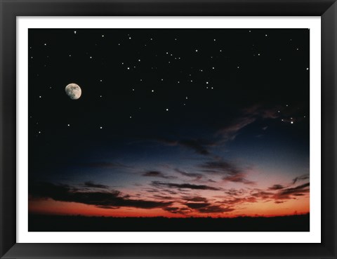 Framed Moon and stars in the sky at dusk Print