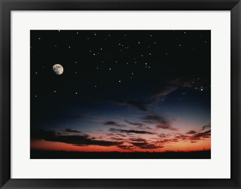 Framed Moon and stars in the sky at dusk Print