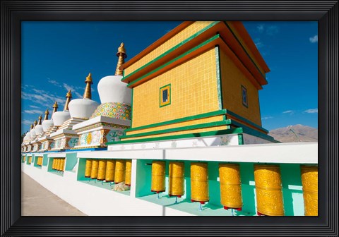 Framed Chortens and prayer flags at Dali Lama&#39;s Ladakh home, Ladakh, India Print