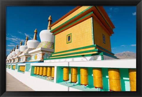 Framed Chortens and prayer flags at Dali Lama&#39;s Ladakh home, Ladakh, India Print