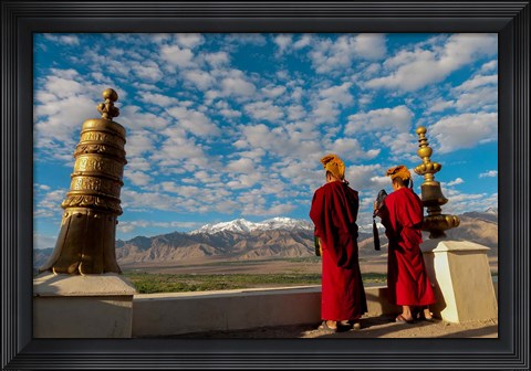 Framed Monks playing horns at sunrise, Thiksey Monastery, Leh, Ledakh, India Print