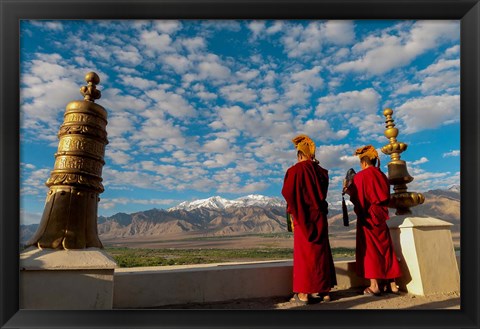 Framed Monks playing horns at sunrise, Thiksey Monastery, Leh, Ledakh, India Print