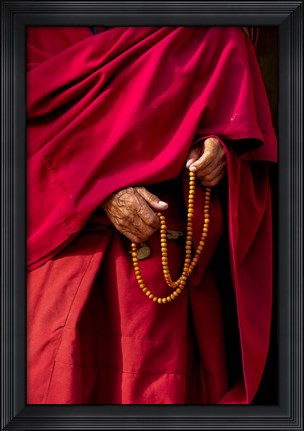 Framed Hands of a monk in red holding prayer beads, Leh, Ladakh, India Print