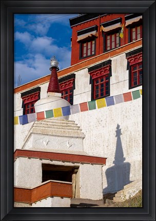 Framed Prayer flags and a chorten at Thiksey Monastery, Leh, Ladakh, India Print