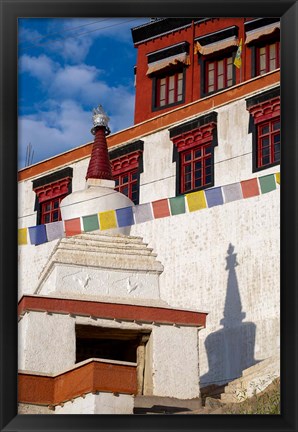 Framed Prayer flags and a chorten at Thiksey Monastery, Leh, Ladakh, India Print