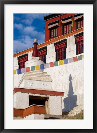 Framed Prayer flags and a chorten at Thiksey Monastery, Leh, Ladakh, India Print