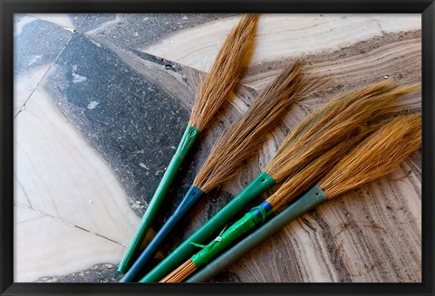 Framed India, Jammu and Kashmir, Ladakh, Leh, brooms in a Buddhist temple Print