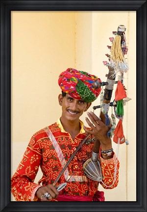 Framed Young Man in Playing Old Fashioned Instrument Called a Sarangi, Agra, India Print