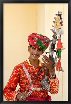 Framed Young Man in Playing Old Fashioned Instrument Called a Sarangi, Agra, India Print