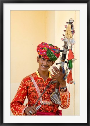 Framed Young Man in Playing Old Fashioned Instrument Called a Sarangi, Agra, India Print