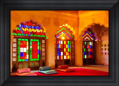 Framed Windows of colored glass, Mehrangarh Fort, Jodhpur, Rajasthan, India Print