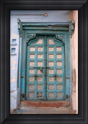 Framed Blue-painted door, Jojawar, Rajasthan, India Print