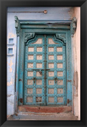 Framed Blue-painted door, Jojawar, Rajasthan, India Print